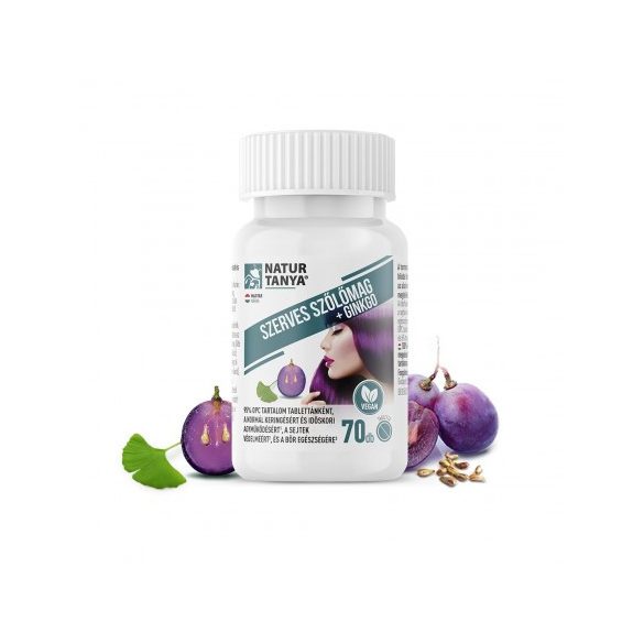 Natur Tanya® Szerves Szőlőmag és Ginkgo biloba. 95% OPC, 24% flavon glikozid és 6% terpén laktonra standardizált tabletta