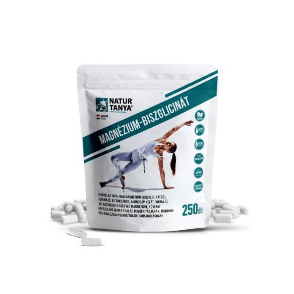 Natur Tanya® MAGNÉZIUM-BISZGLICINÁT nagy kiszerelés, újrahasznosítható csomagolás, növényi kapszulahéj, vegán, laktózmentes és gluténmentes igazolás 250 db